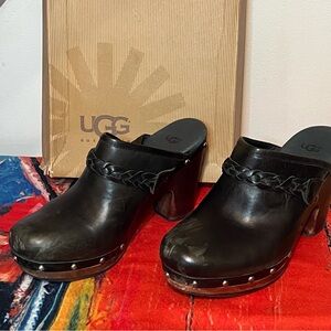UGG Black Leather Mules with Braided Detail